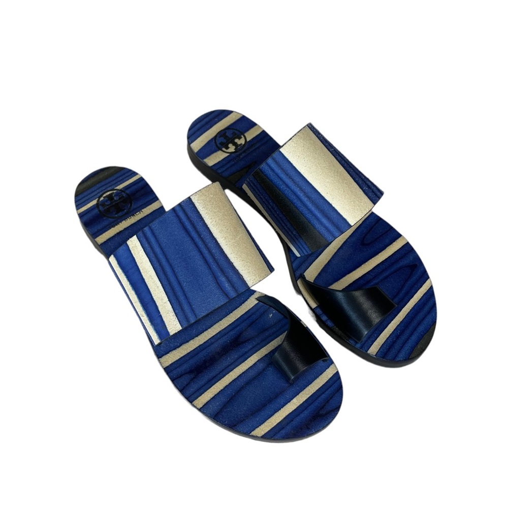 Tory Burch White Blue Black Kempner Slides Sandals 7
